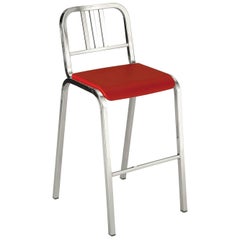 Emeco Nine-0 Barstool in Polished Aluminum with Red Seat by Ettore Sottsass