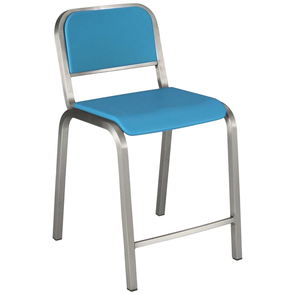 Emeco Nine-0 Counter Stool in Brushed Aluminium and Blue by Ettore Sottsass
