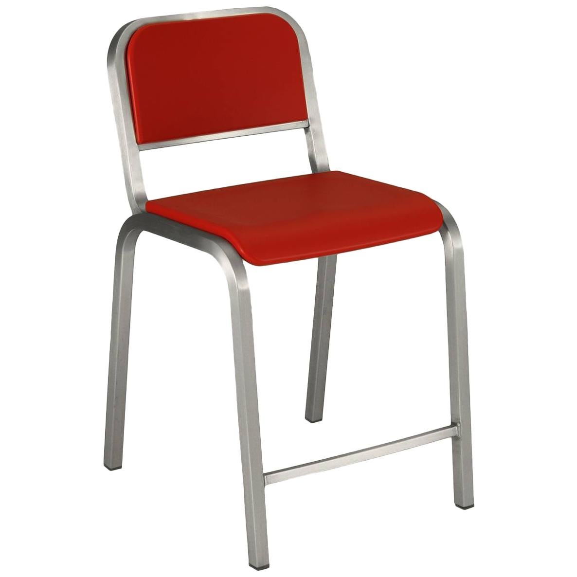 Emeco Nine-0 Counter Stool in Brushed Aluminum and Red by Ettore Sottsass