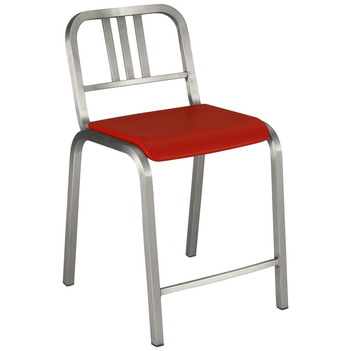 Emeco Nine-0 Counter Stool in Brushed Aluminum with Red Seat by Ettore Sottsass