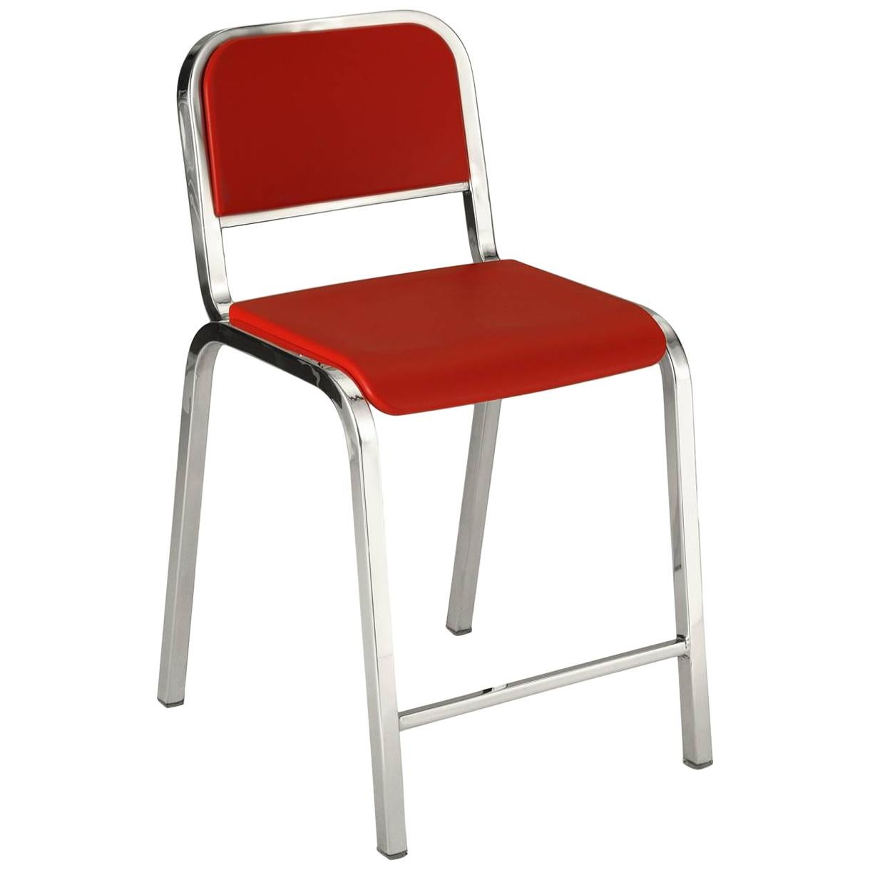 Emeco Nine-0 Counter Stool in Polished Aluminum and Red by Ettore Sottsass
