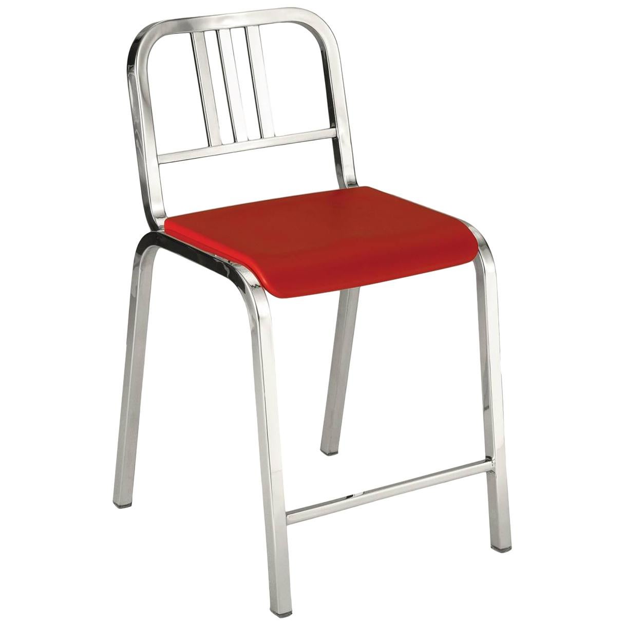 Emeco Nine-0 Counter Stool in Polished Aluminum with Red Seat by Ettore Sottsass