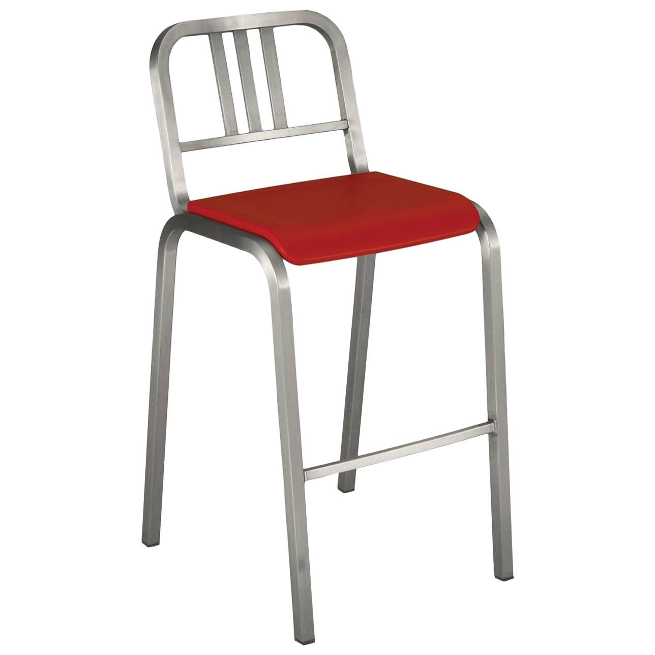 Emeco Nine-0™ Barstool in Brushed Aluminum w/ Red Seat by Ettore Sottsass