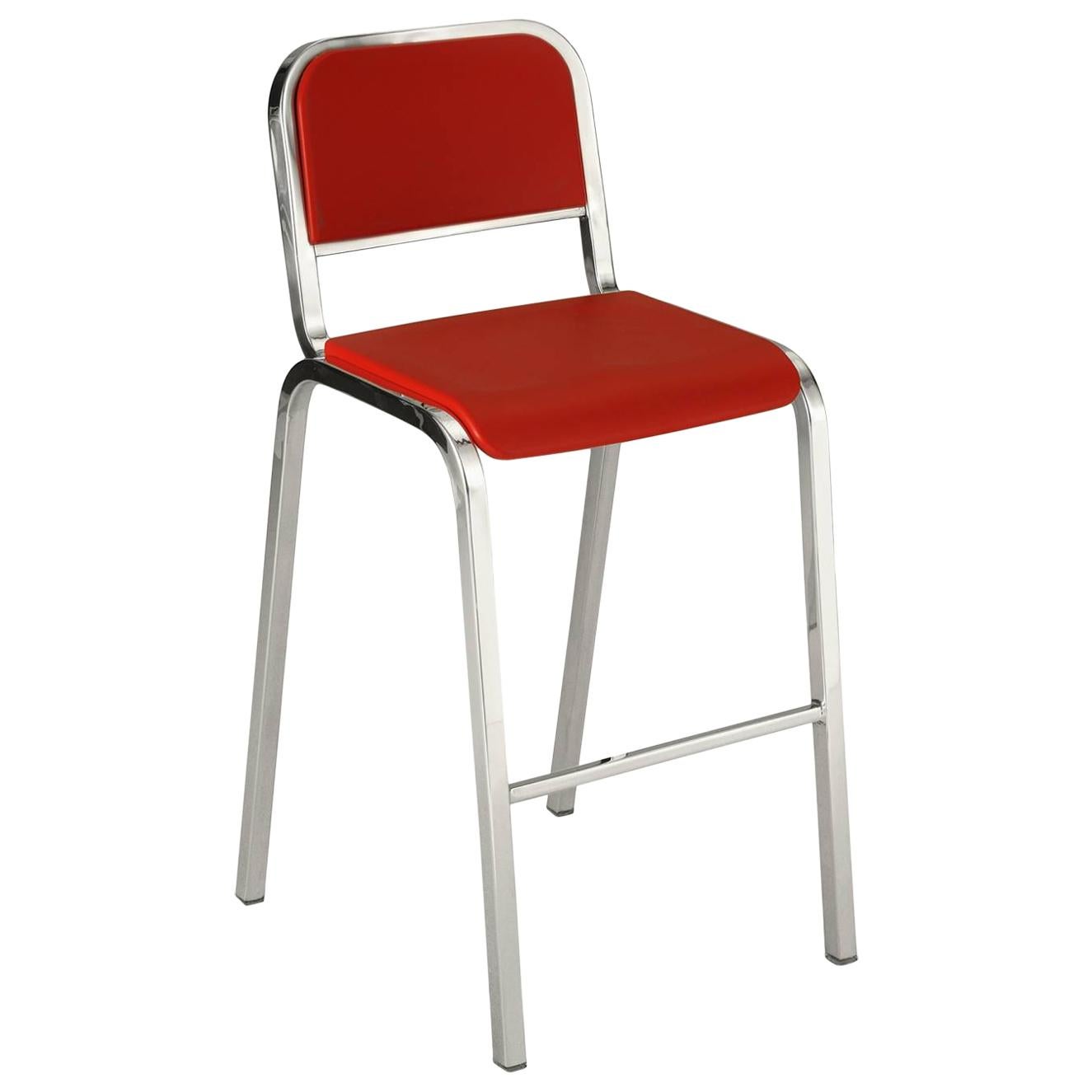 Emeco Nine-0™ Barstool in Polished Aluminum & Red by Ettore Sottsass