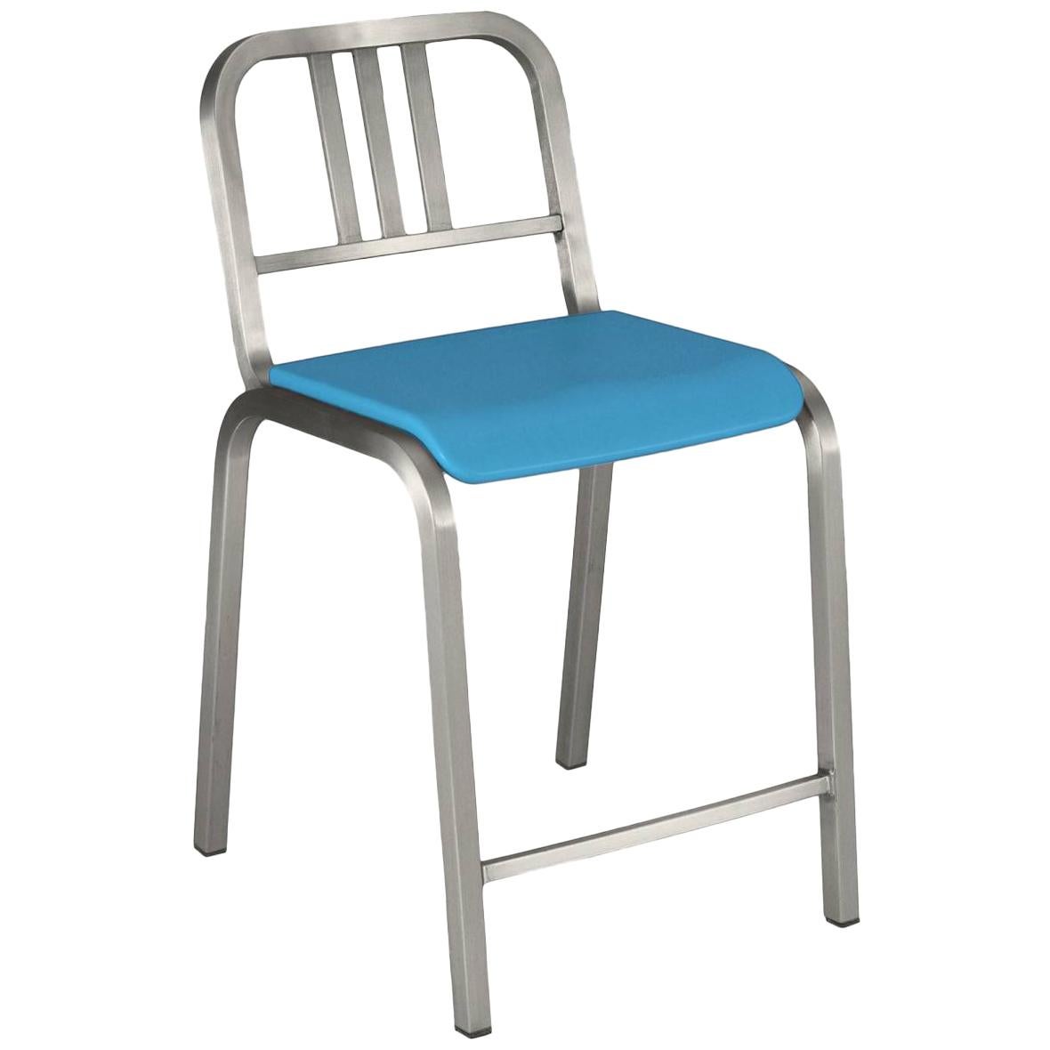 Emeco Nine-0™ Counter Stool in Brushed Aluminum with Blue Seat, Ettore Sottsass