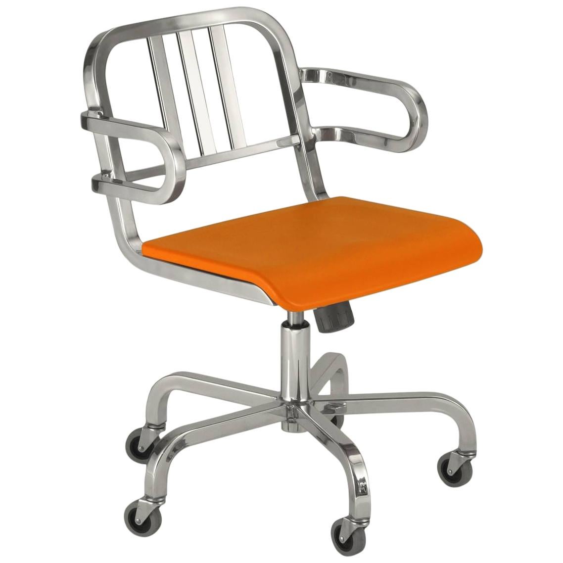 Emeco Nine-0™ Swivel Armchair in Polished Aluminum & Orange by Ettore Sottsass