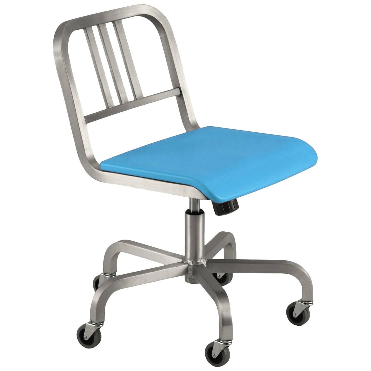 Emeco Nine-0™ Swivel in Polished Aluminum with Blue Seat by Ettore Sottsass