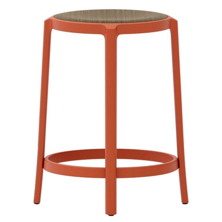 Emeco Orange On & On Counter Stool with Walnut Plywood Seat by Barber & Osgerby For Sale