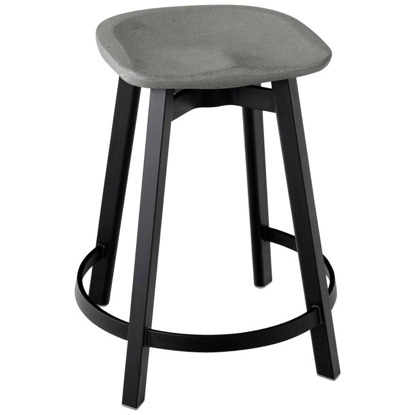 Emeco Su Counter Stool in Black Aluminum with Eco Concrete Seat by Nendo For Sale