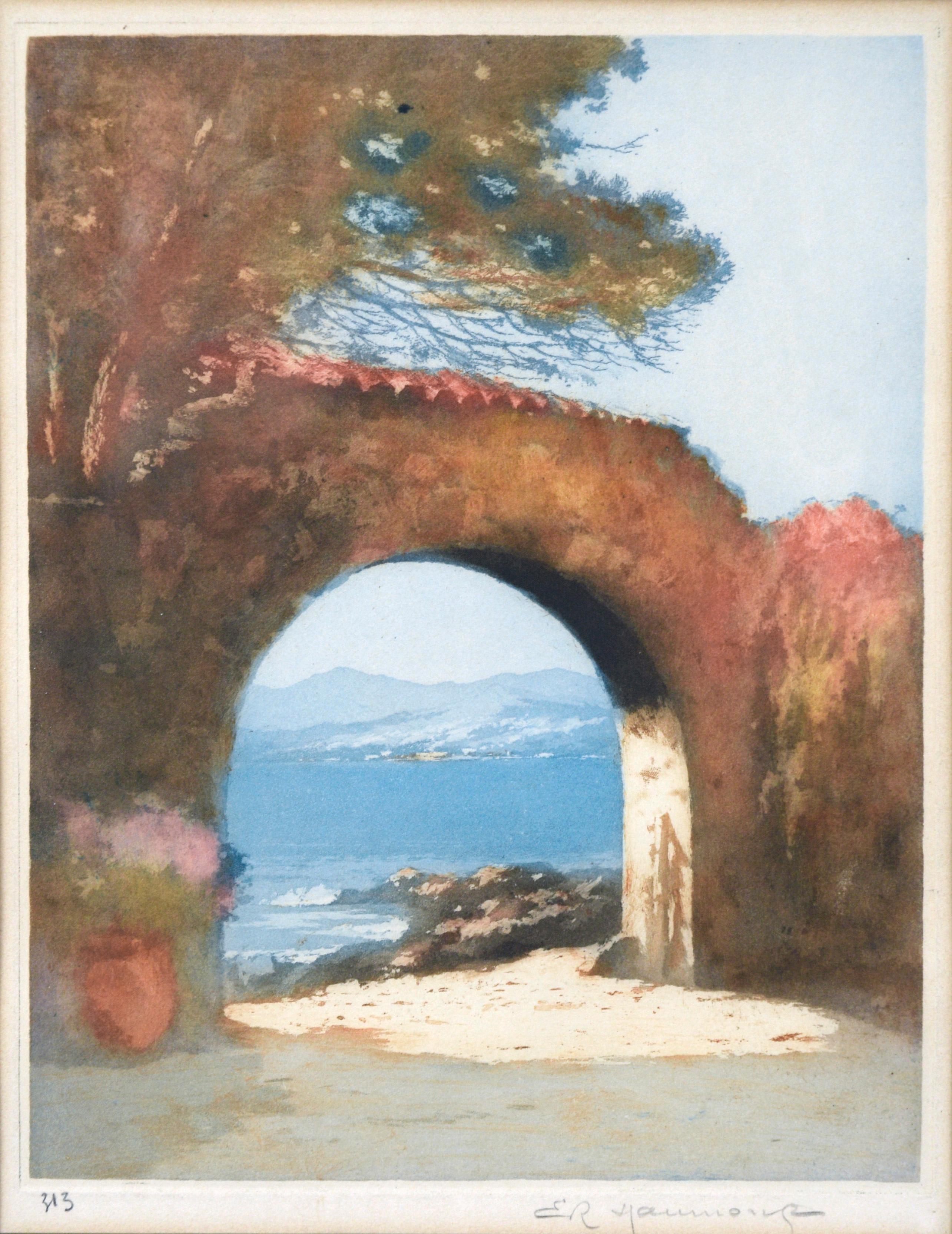Antique French Print of Archway and Seascape - Beige Landscape Print by Emelie Richard Haumont