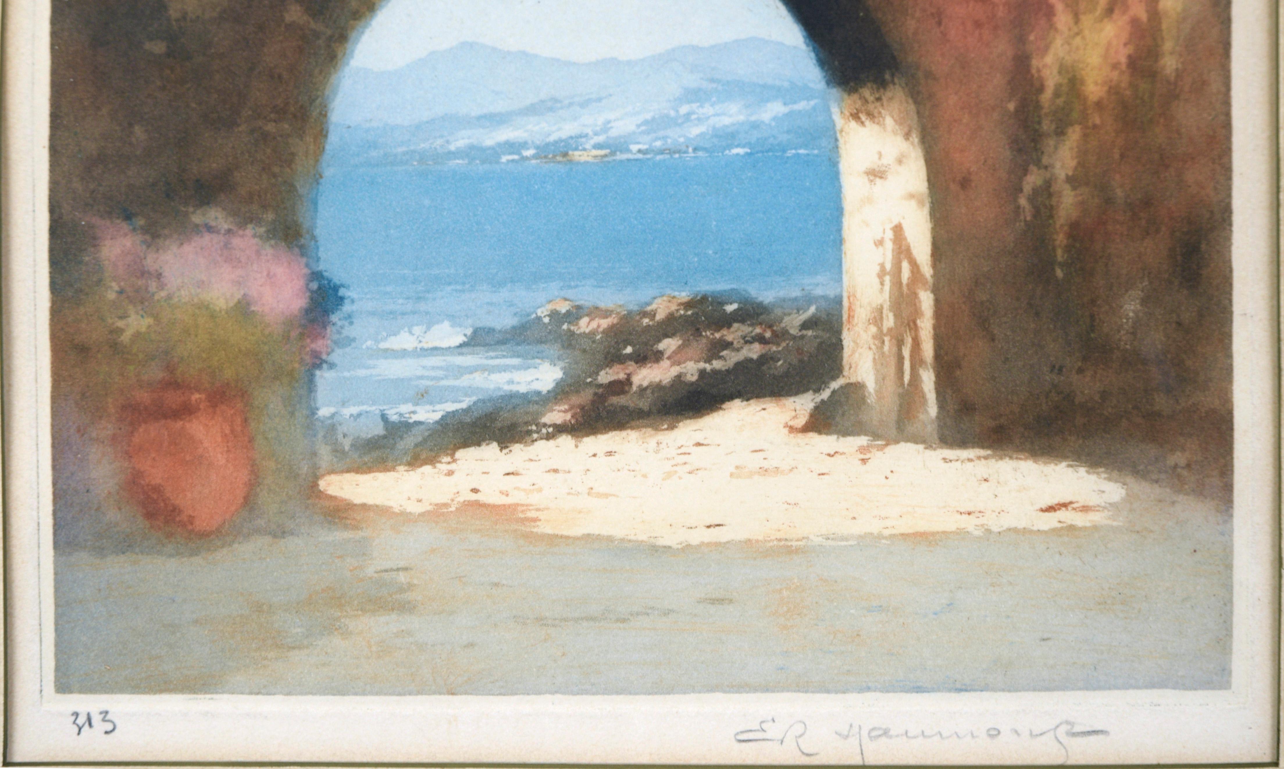 Antique French print of an archway with a seascape in the background by Emilie Richard Haumont (early 20th cent).

Beautifully rendered piece of an idyllic seaside landscape. A warm earth-toned arch spans the piece, providing a glimpse of a cerulean