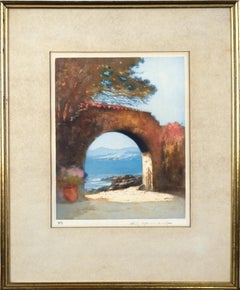 Estampa Antique French de Arco y Paisaje Marino