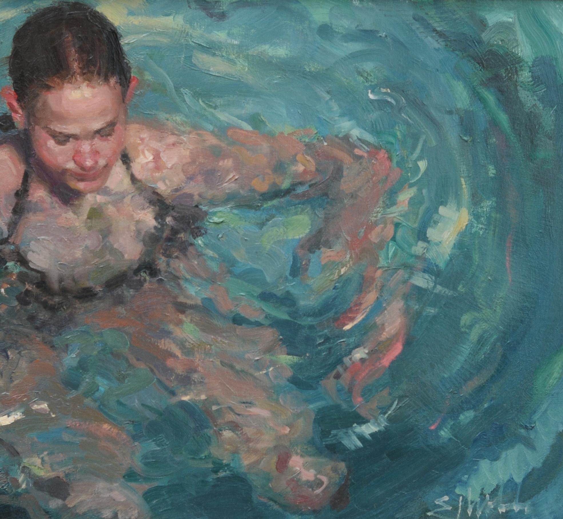 Rock Me Baby es un óleo figurativo de 14 x 20 de E. Melinda Morrison. Se pintó en 2023. Rock Me Baby muestra el movimiento del agua meciendo a la mujer en el agua. Ciertamente es un agua muy clara para ver el cuerpo de la mujer. Mucho movimiento en