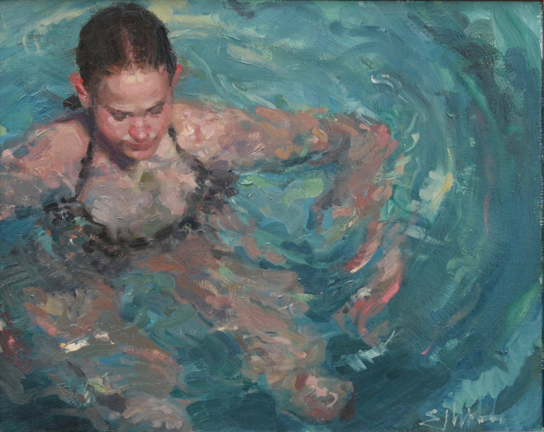 Rock Me Baby  Oil 14 x 20 Framed  Water Movement  Figurative Portraiture  - Painting by E.Melinda Morrison