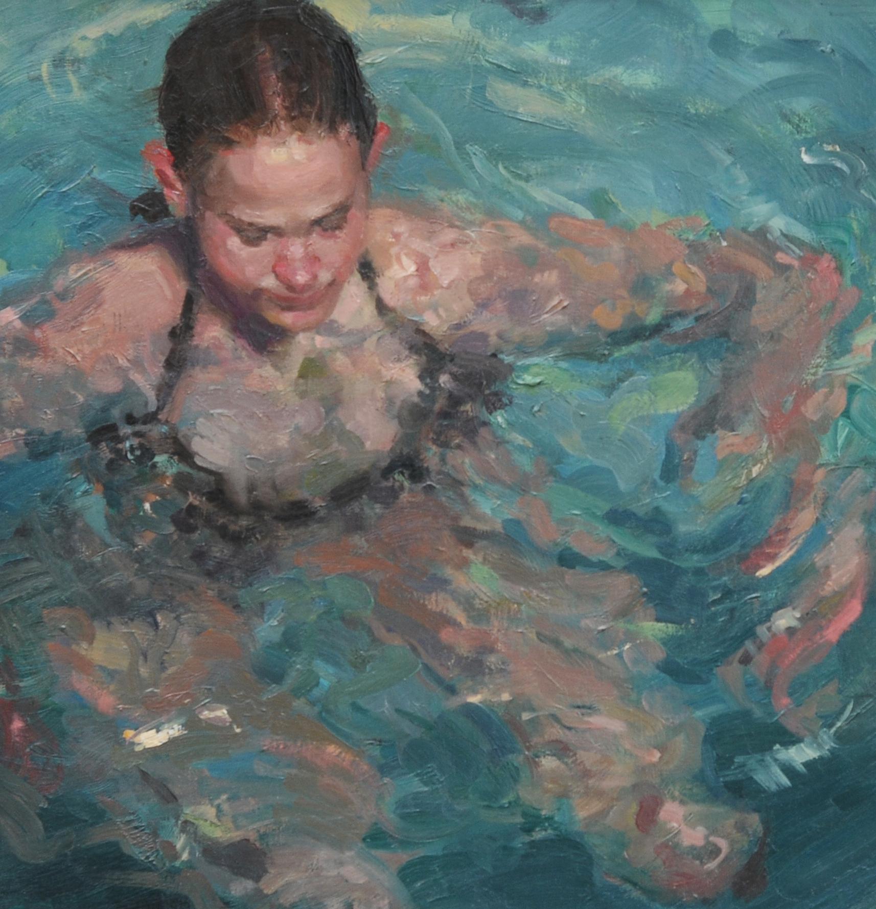 Rock Me Baby  Oil 14 x 20 Framed  Water Movement  Figurative Portraiture  - Impressionist Painting by E.Melinda Morrison
