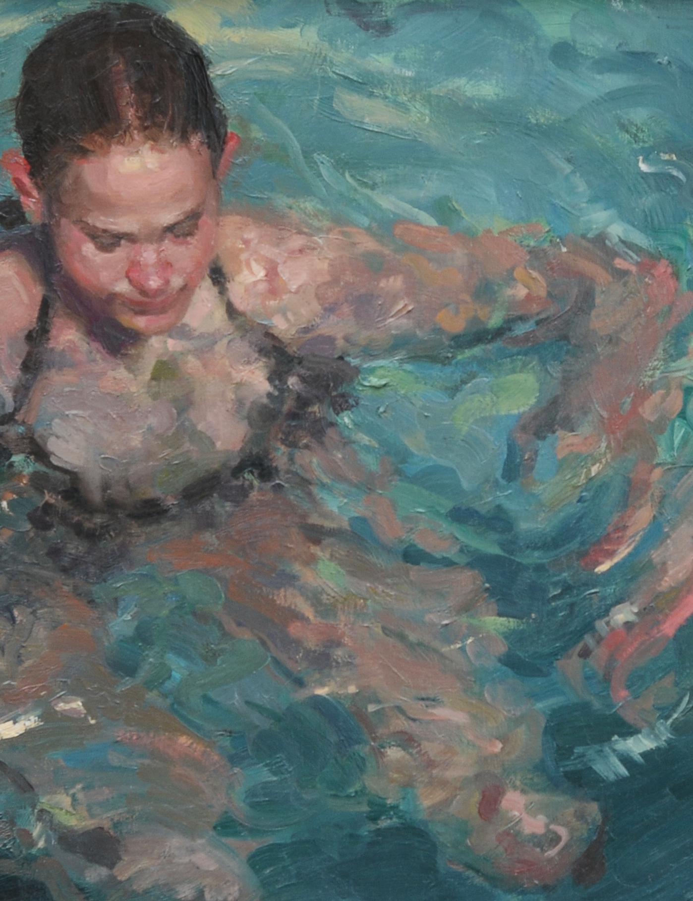LOOK FOR FREE SHIPPING AT CHECKOUT

Rock Me Baby is a 14 x 20 figurative oil painting by E. Melinda Morrison. It was painted in 2019. Rock Me Baby shows the movement of the water rocking the woman in the water. E. Melinda Morrison shows the movement