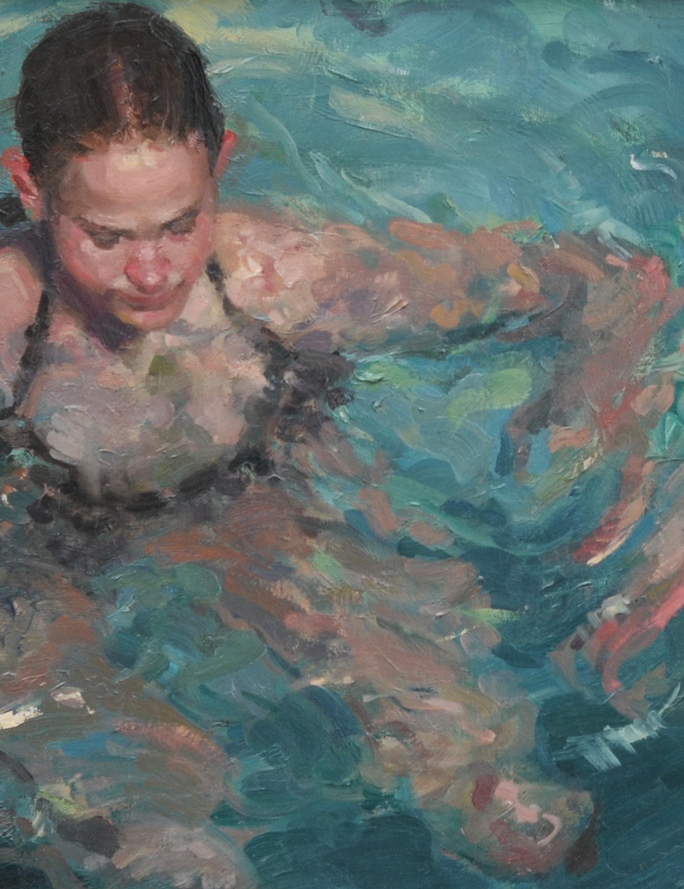 Rock Me Baby  Óleo 14 x 20 Enmarcado  Movimiento del agua  Retrato Figurativo - Portrait Painting Marrón de E.Melinda Morrison