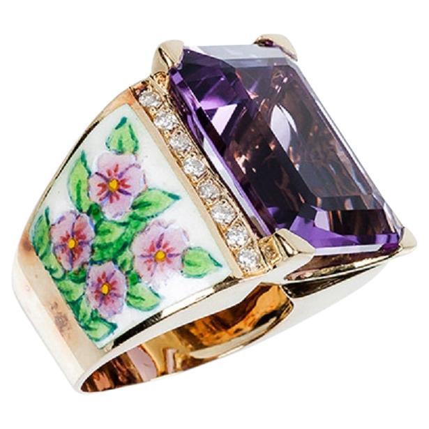 Emeral cut Amethyst with Enamel Flowers in 18k Yellow Gold Ring For Sale