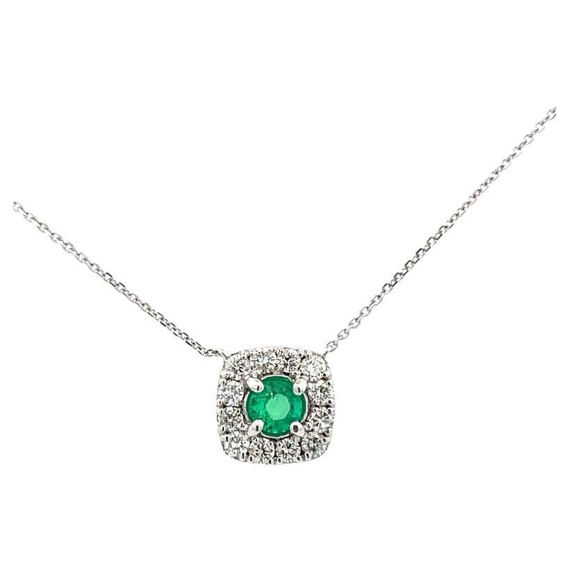 Emerald 0.51 CT & Diamond 0.65 CT Pendant Necklace In 14K White Gold  For Sale