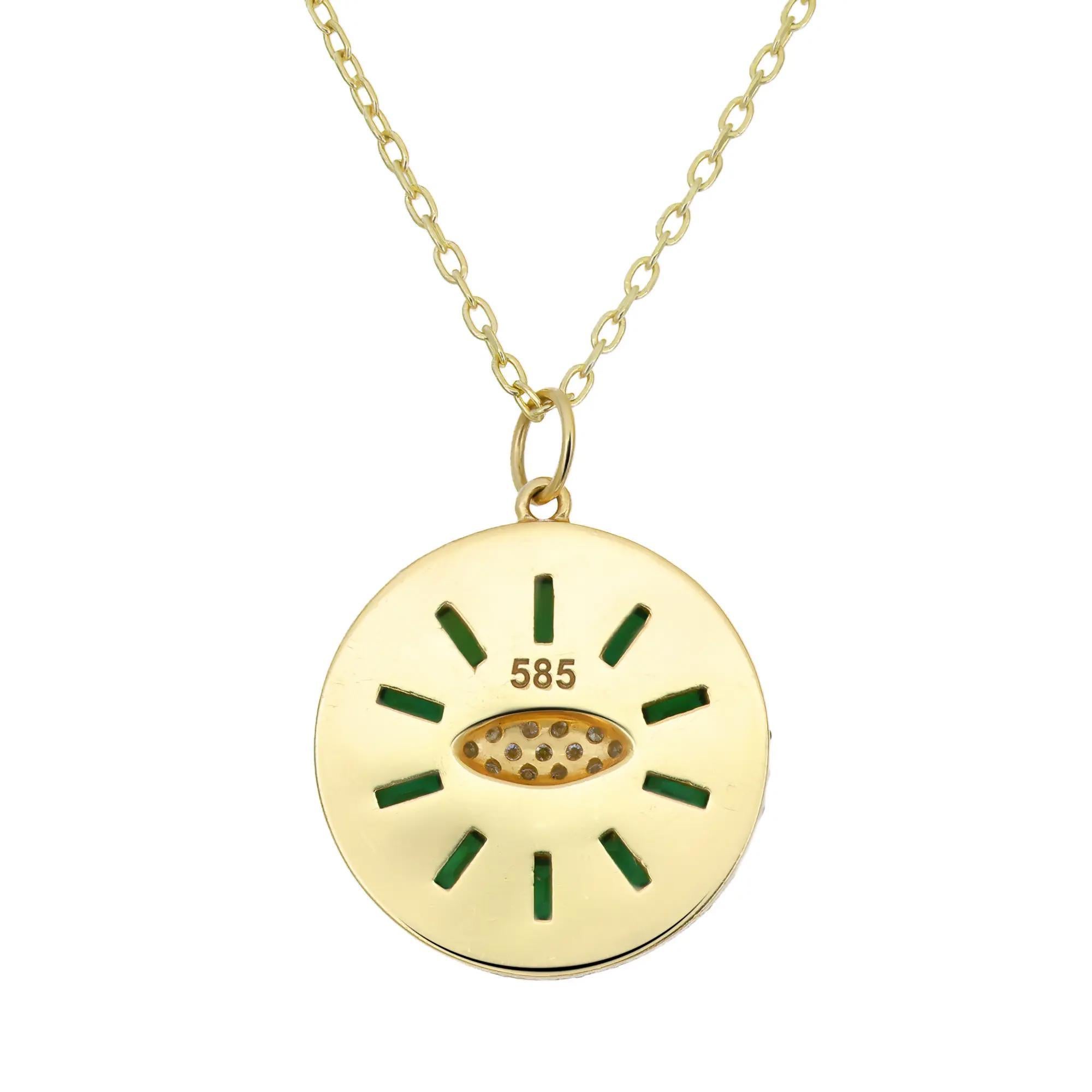 Modern Emerald 0.60ctw And Diamond 0.50ctw Evil Eye Pendant Necklace 14K Yellow Gold For Sale
