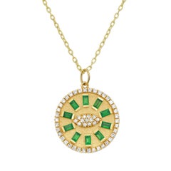 Emerald 0.60ctw And Diamond 0.50ctw Evil Eye Pendant Necklace 14K Yellow Gold
