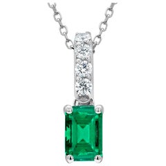 Fourteen Karat White Gold Pendant 0.85 Carat Emerald Diamond Drop Necklace