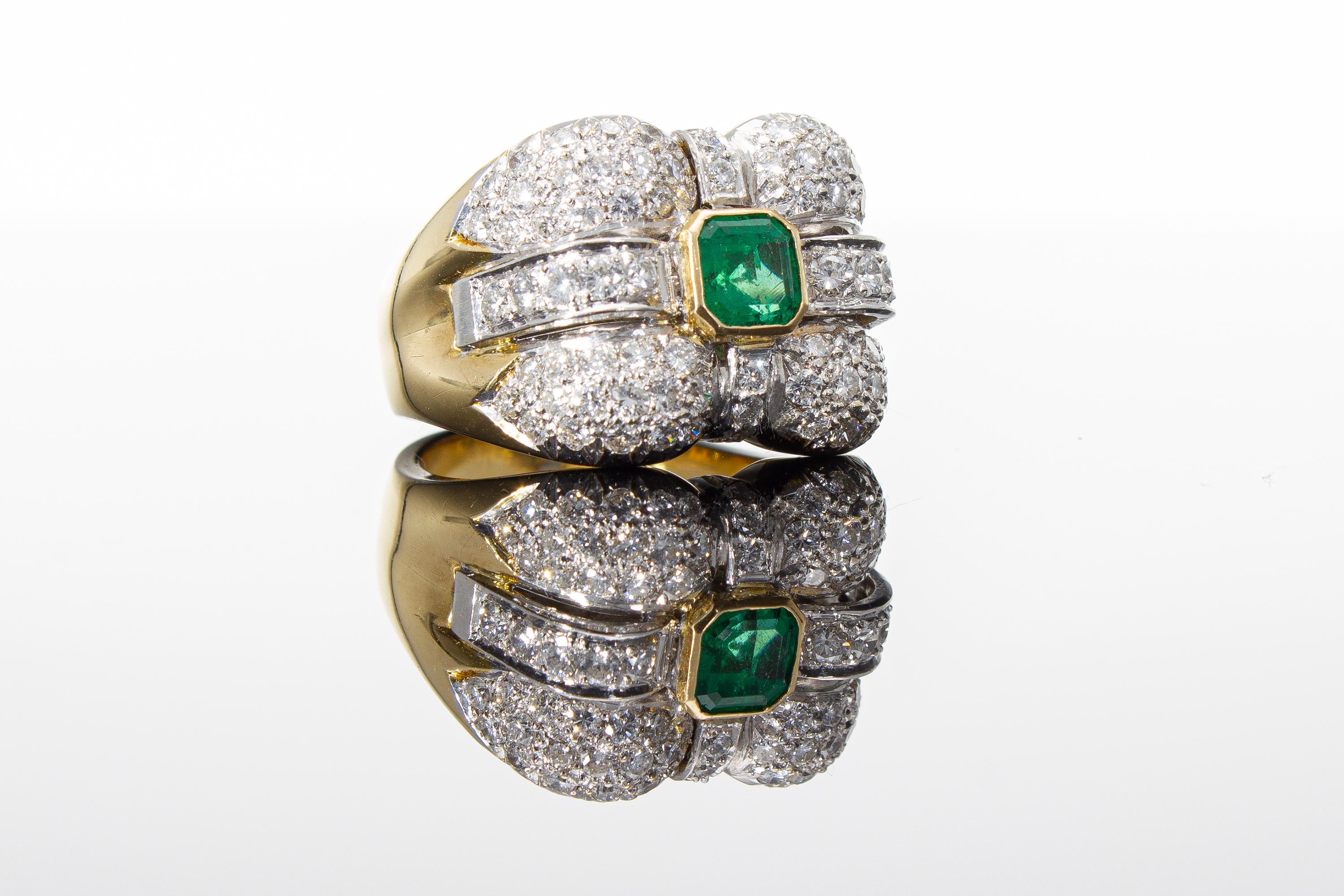 Asscher Cut Emerald 0.70 ct, Diamonds 1.60 ct. Contemporary Band Ring.18 Kt Gold. Made Italy For Sale