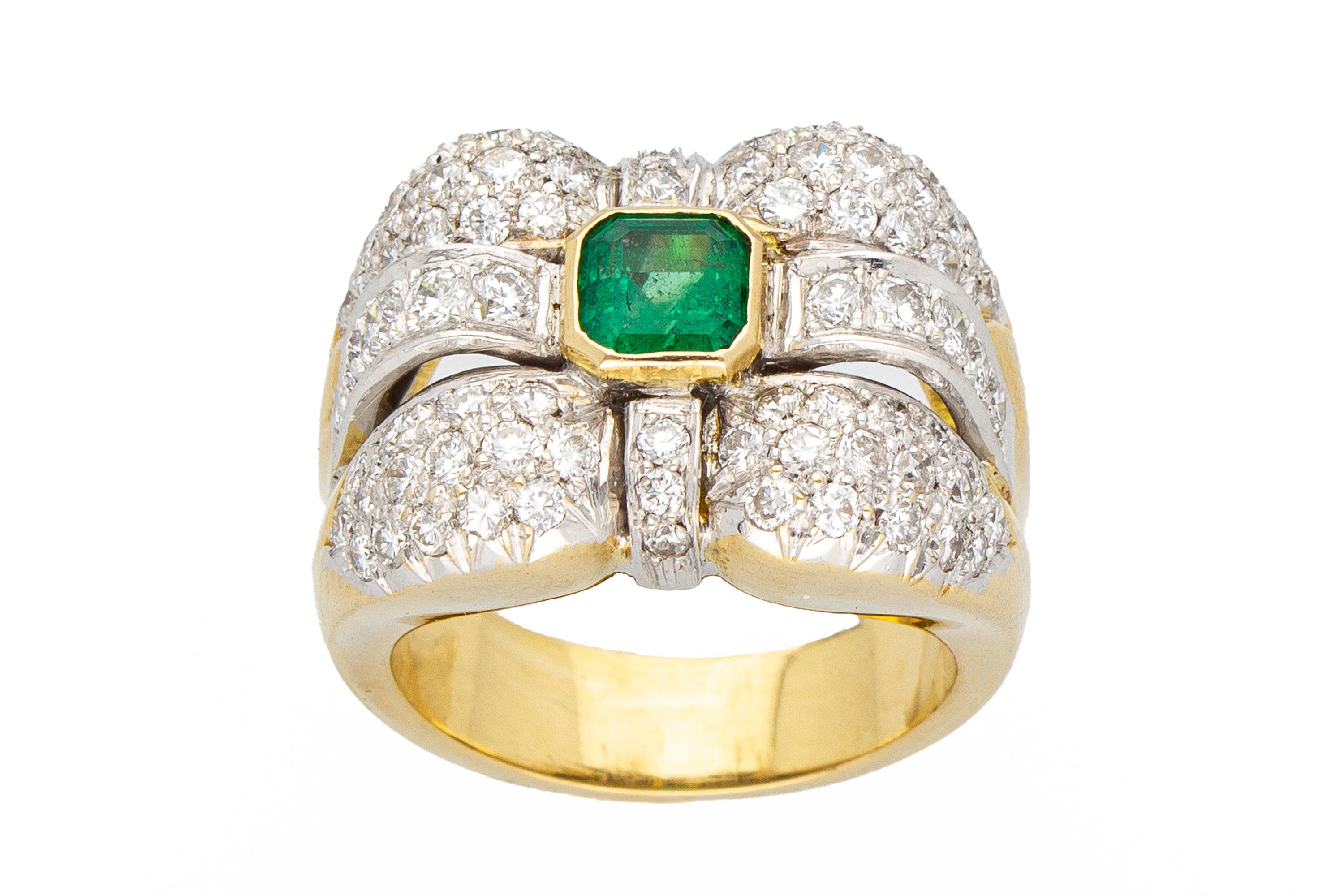 Women's Emerald 0.70 ct, Diamonds 1.60 ct. Contemporary Band Ring.18 Kt Gold. Made Italy For Sale
