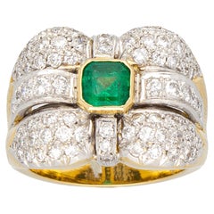 Emerald 0.70 ct, Diamonds 1.60 ct. Contemporary Band Ring.18 Kt Gold. Made Italy