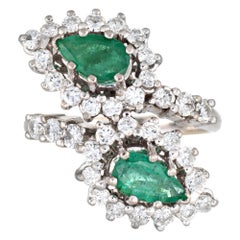 Emerald 1 Carat Diamond Bypass Ring 18 Karat White Gold Estate Fine Cocktail