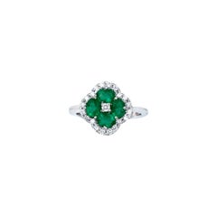 Emerald, Wide, White Gold Clover Shaped Diamond Halo Ring