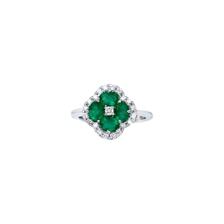 Emerald, Wide, White Gold Clover Shaped Diamond Halo Ring at 1stDibs