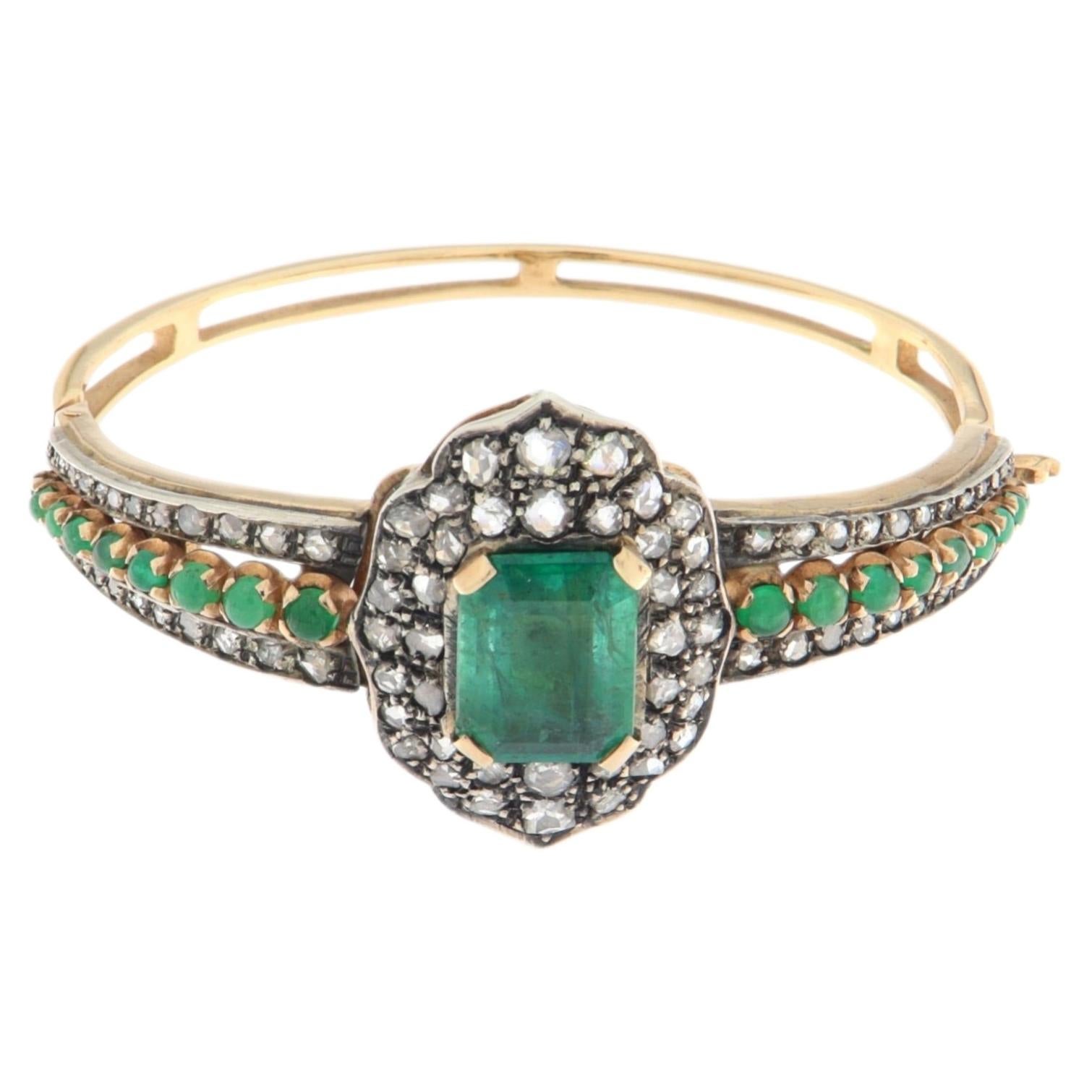 1950s Vintage Emerald and Rose-Cut Diamond Bangle in 14K Gold & 800 Silver