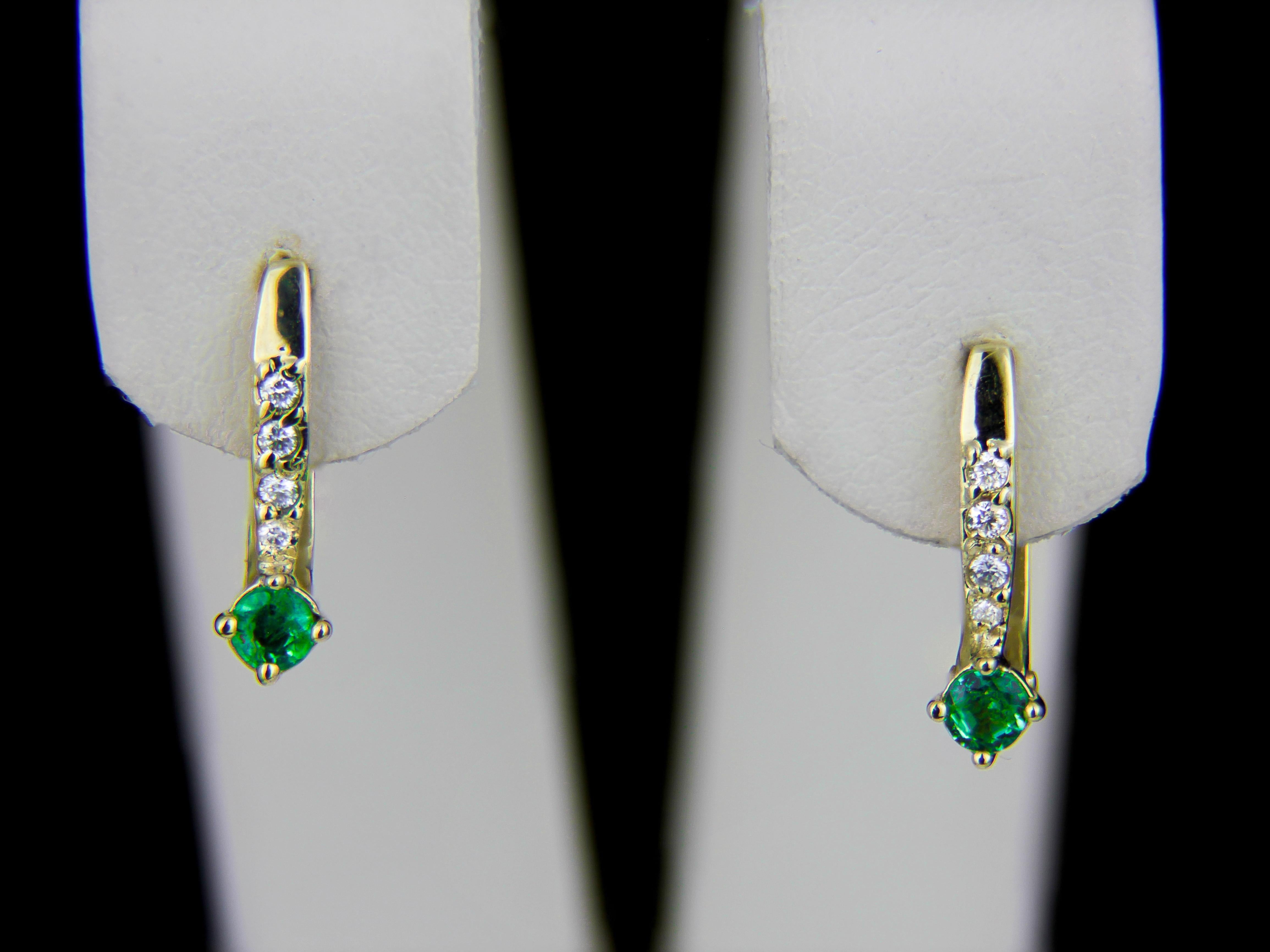 Modern Emerald 14k Gold Earrings, Tiny Emerald Earrings For Sale