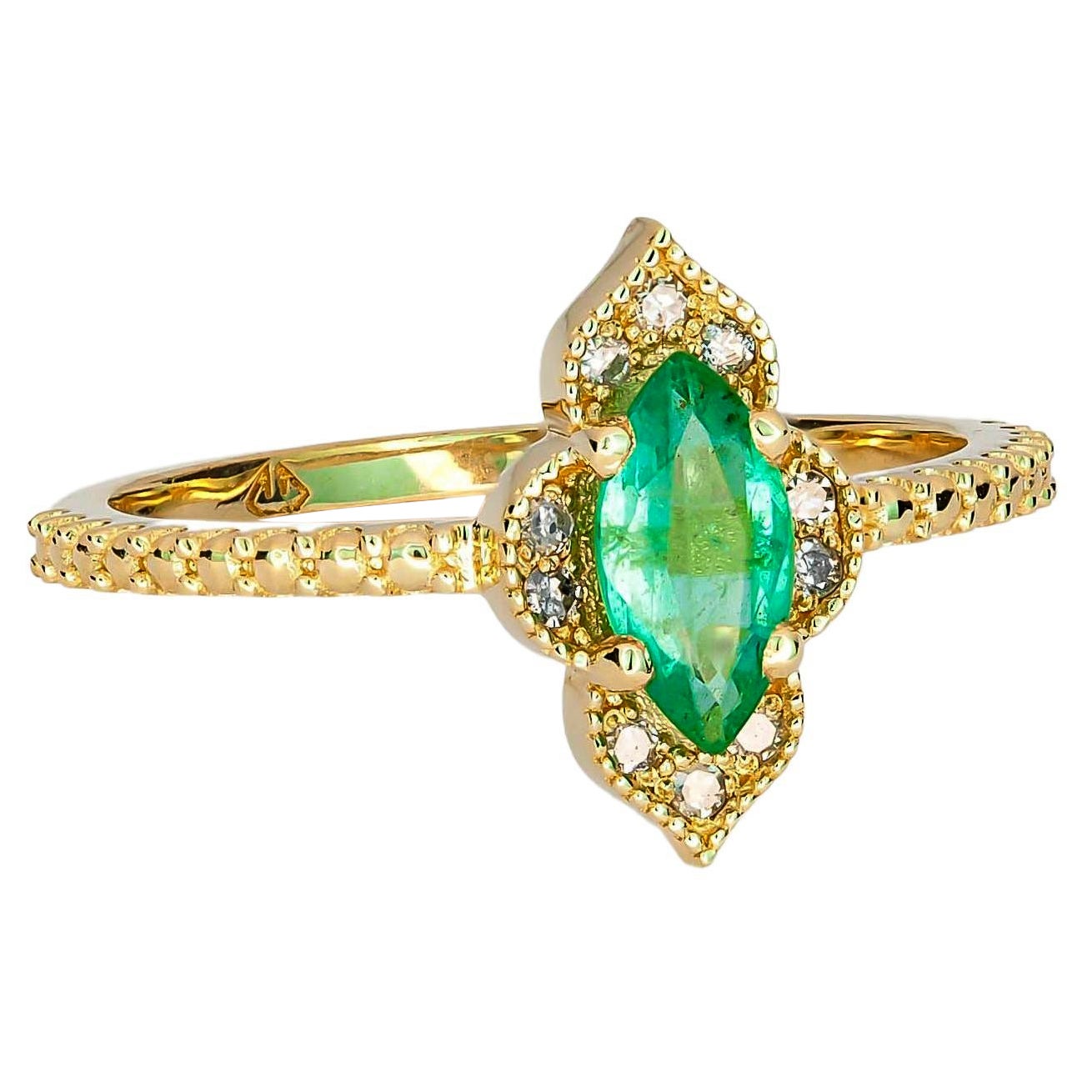 Emerald 14k Gold Ring, Emerald Vintage Ring, Marquise Emerald Ring For Sale