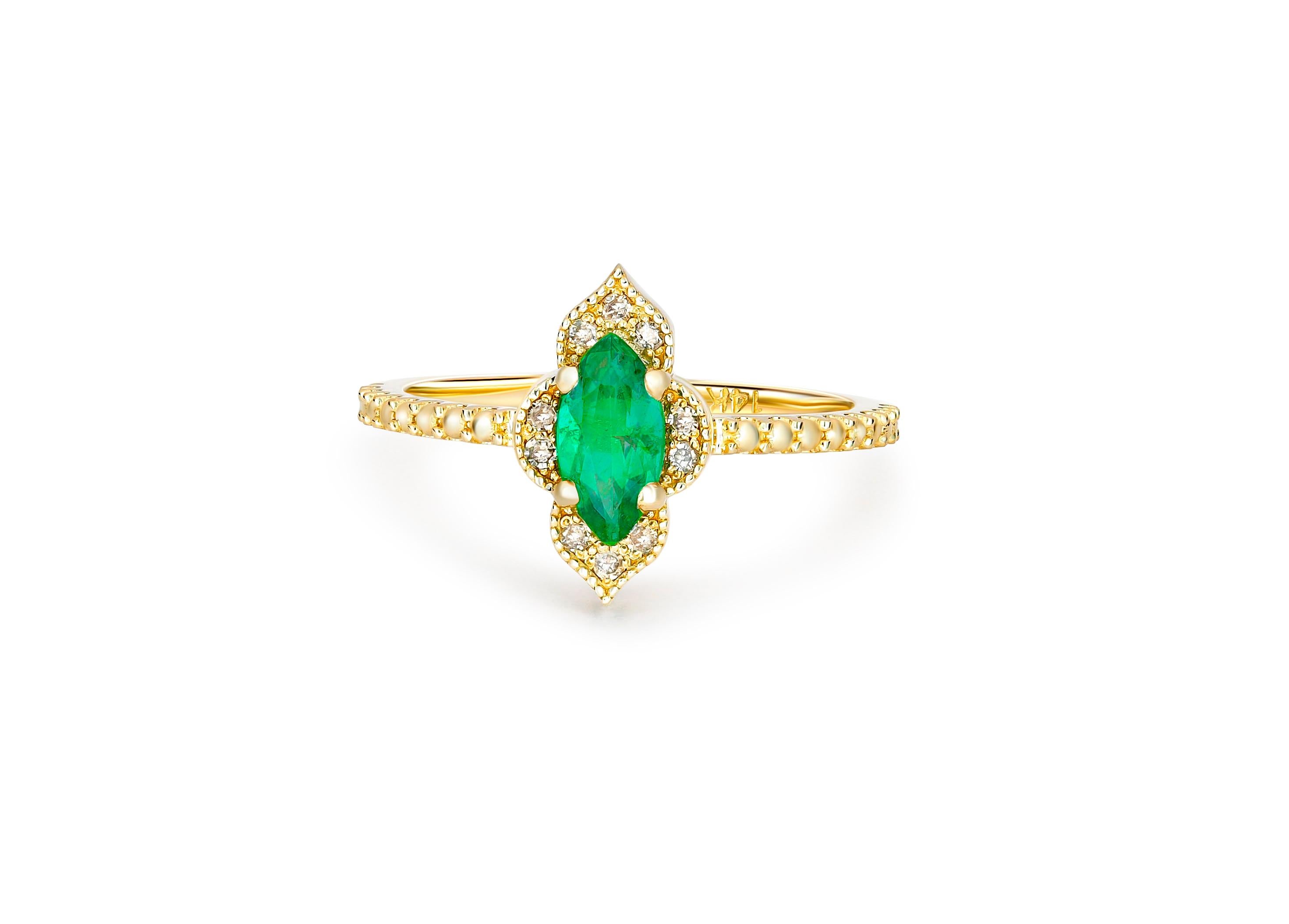 Emerald 14k gold ring. 
Marquise Emerald Ring. May Birthstone Ring. Emerald ring vintage. Statement gold ring. Casual emerald ring.

Metal: 14k gold
Weight: 2.02 g. depends from size.

Set with emerald, color - green
Marquise cut, aprox 0.70 ct. in