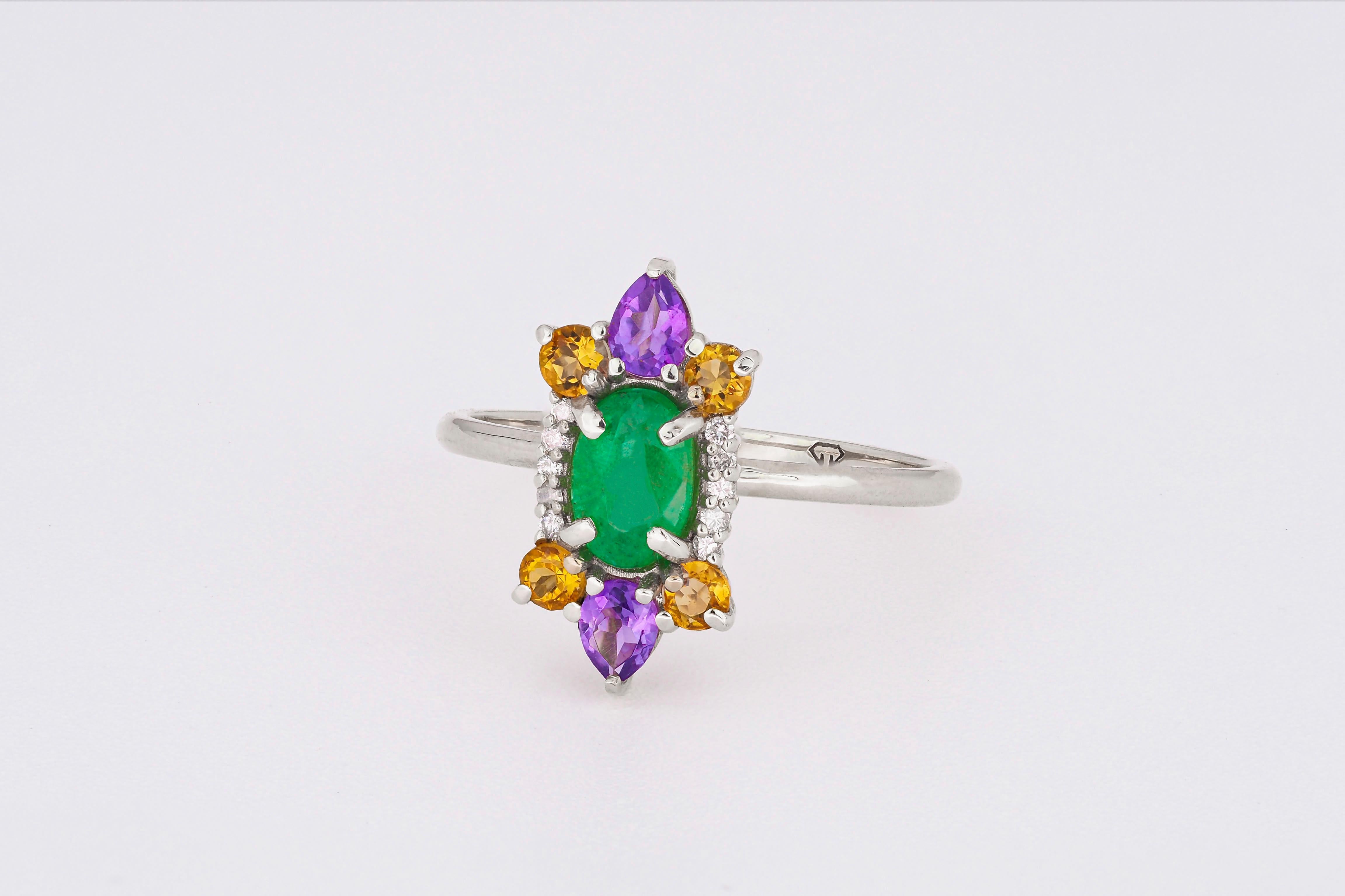 Emerald 14k gold ring. 
Oval emerald ring. Emerald vintage ring. Multi Color Natural Gemstone Ring. May birthstone. Emerald statement ring.

Metal: 14k gold
Weight: 2.5 g. depends from size.

Central stone: Emerald
Cut: Oval
Weight: 0.8 ct.
Color: