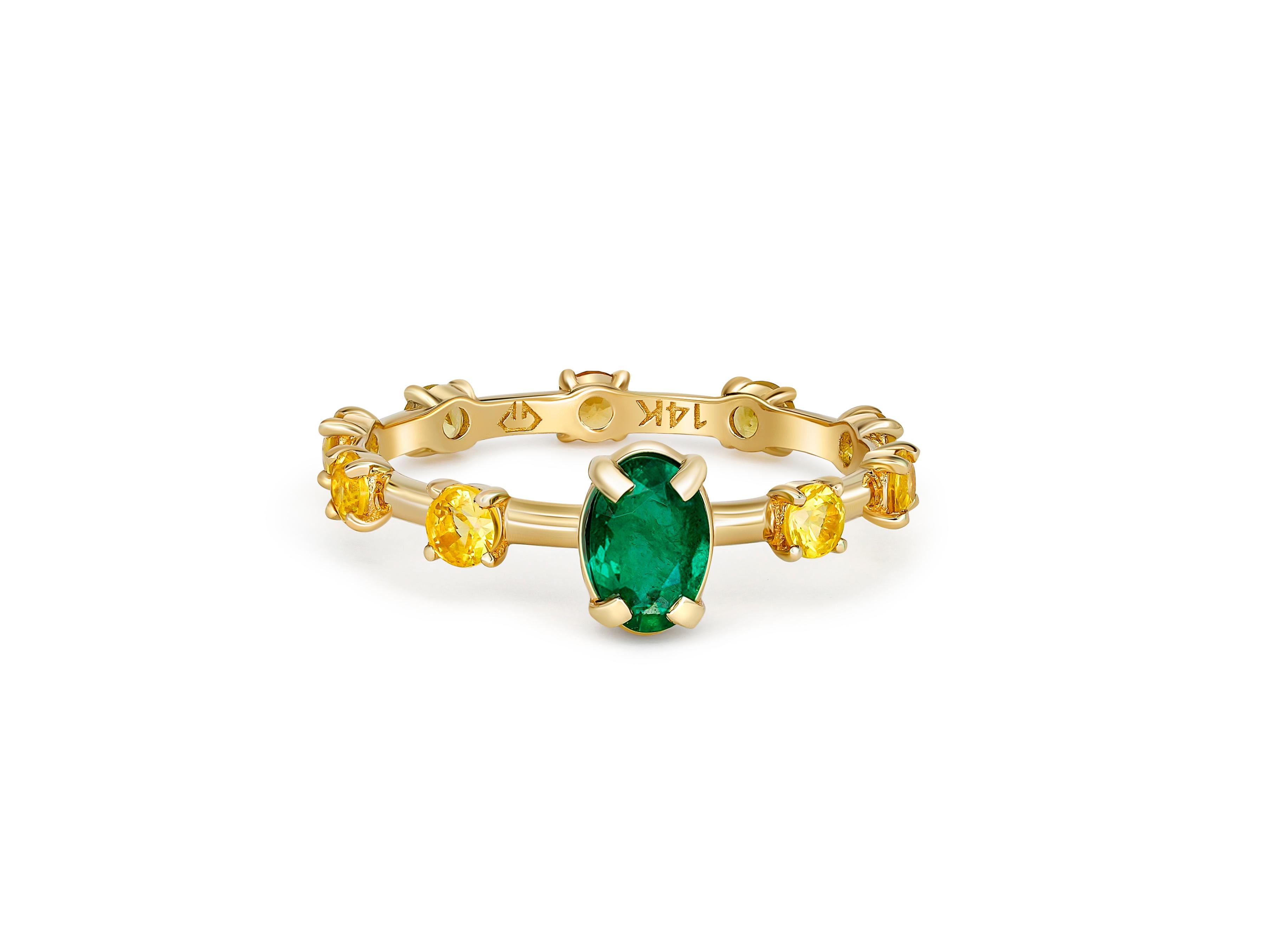 Emerald 14k gold ring. 
Eternity ring with Emerald, Sapphires. Yellow sapphire ring. Emerald Engagement ring. Vintage emerald ring.

Metal: 14k gold.
Weight: 1.45 g. depends from size.

Set with emerald, color - gren
oval cut, aprx 0.80 ct. in total