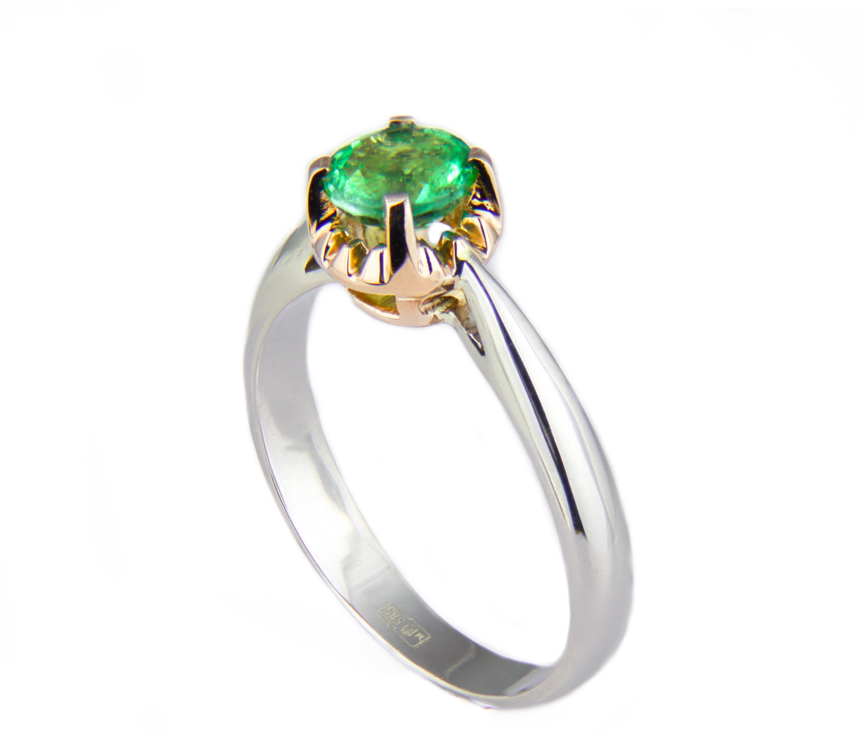 Emerald 14k gold ring. 
Emerald engagement ring. Dainty Emerald ring. Real emerald ring. Emerald engagement ring. Emerald vintage ring.

Metal: 14k solid gold. 2 color tone gold: white and yellow.
Weight approx. 2.1 g. - depends of choosen