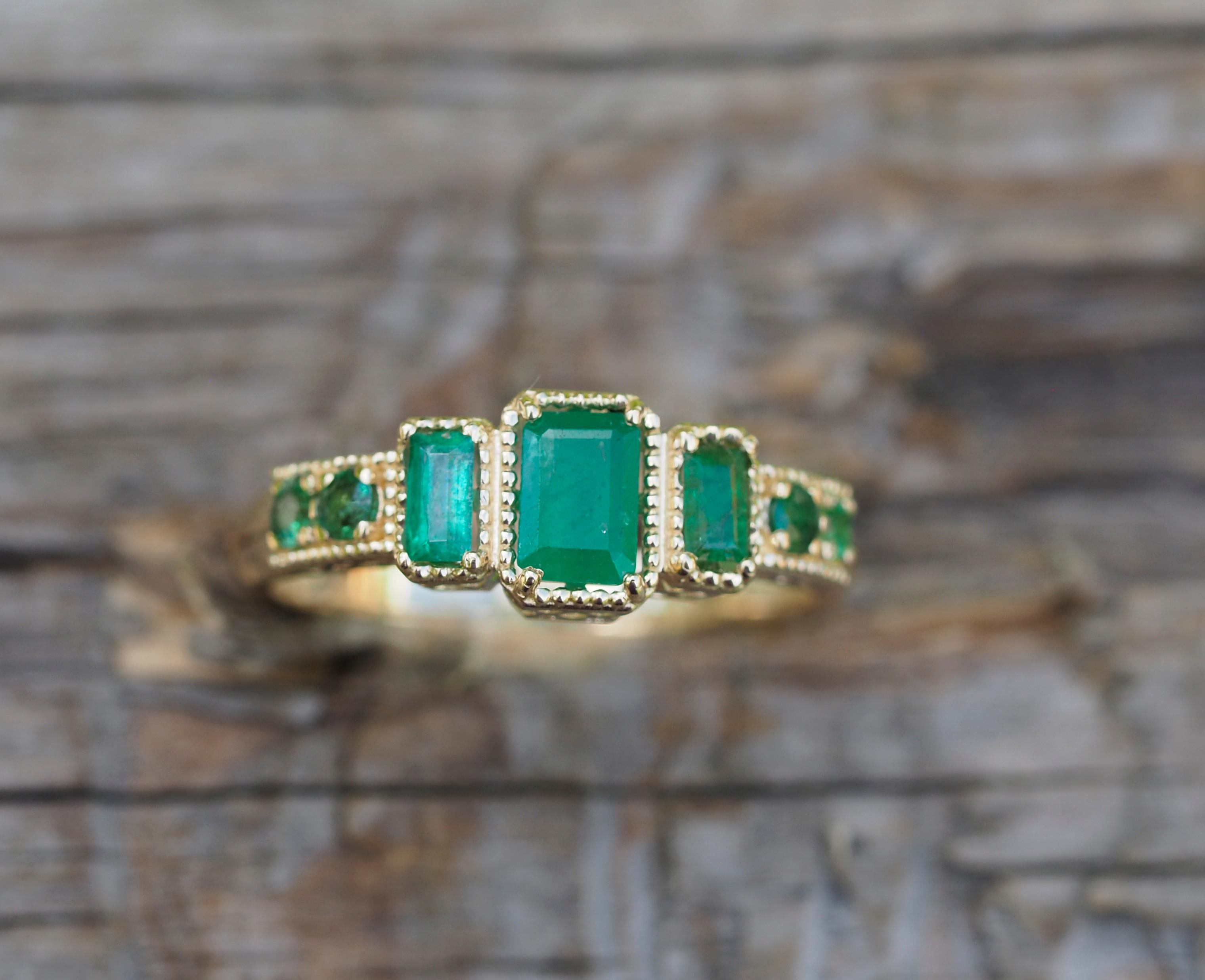 Emerald 14k gold ring. 
3 stone emerald ring. Emerald Vintage ring. Emerald engagement ring. Emerald trilogy ring. Delicate emerald ring.

MeTAL: 14k gold
Weight: 2.50 g. depends from size.

Gemstones (all are natural and tested by proffesional