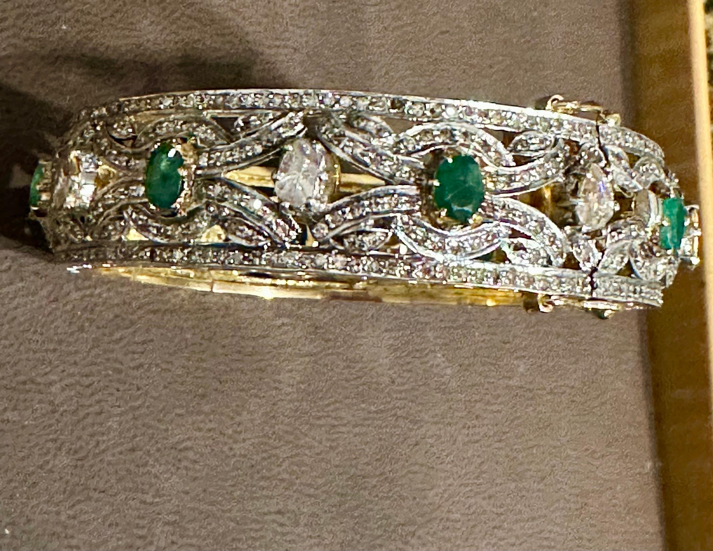 Emerald &15 Ct Diamond Polki Bangle /Bracelet in 18 Kt Yellow Gold & Silver 56Gm 8