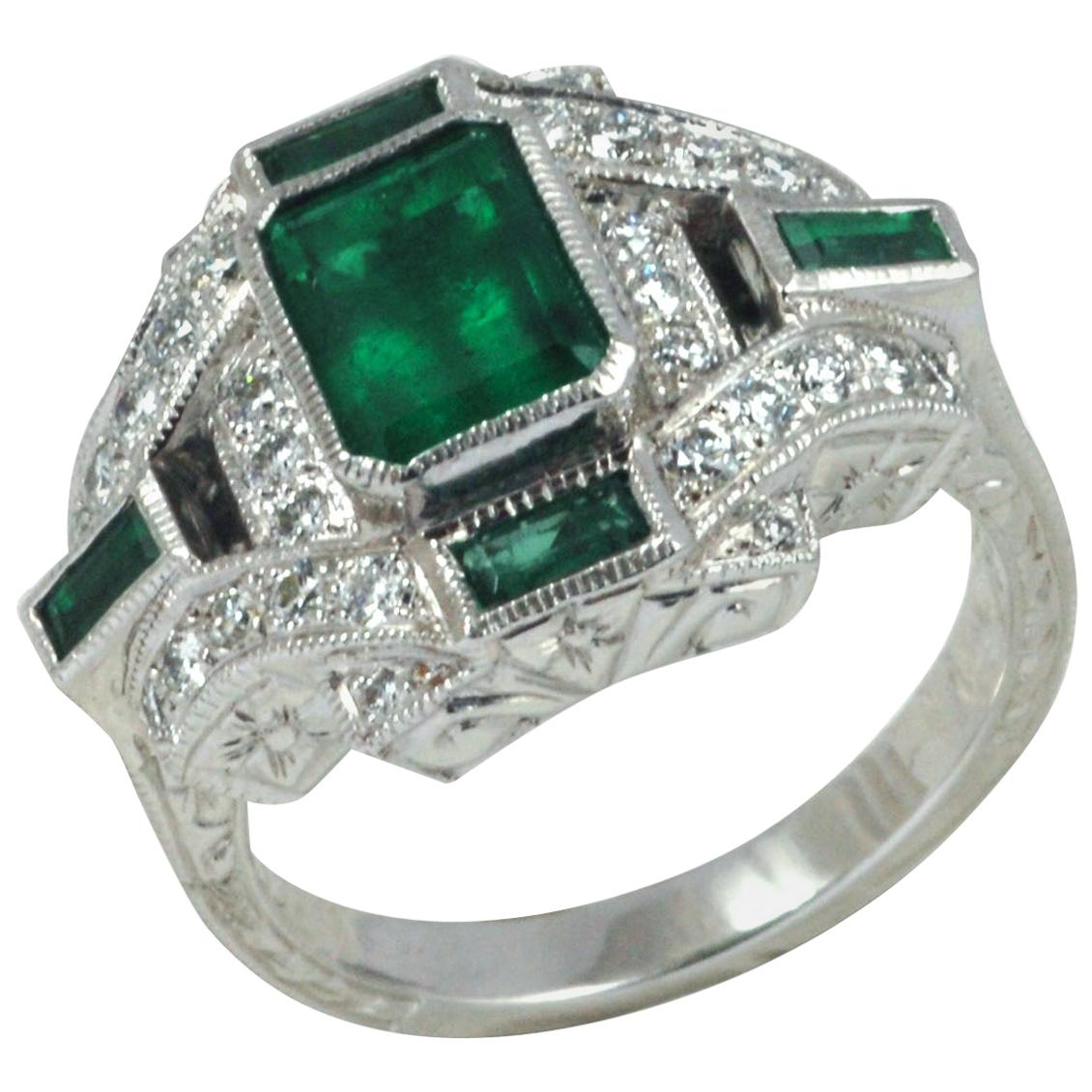 Emerald 1.66 Carat, Emerald 0.33 Carat, Diamond 0.37 Carat Ring in 18 Karat Gold