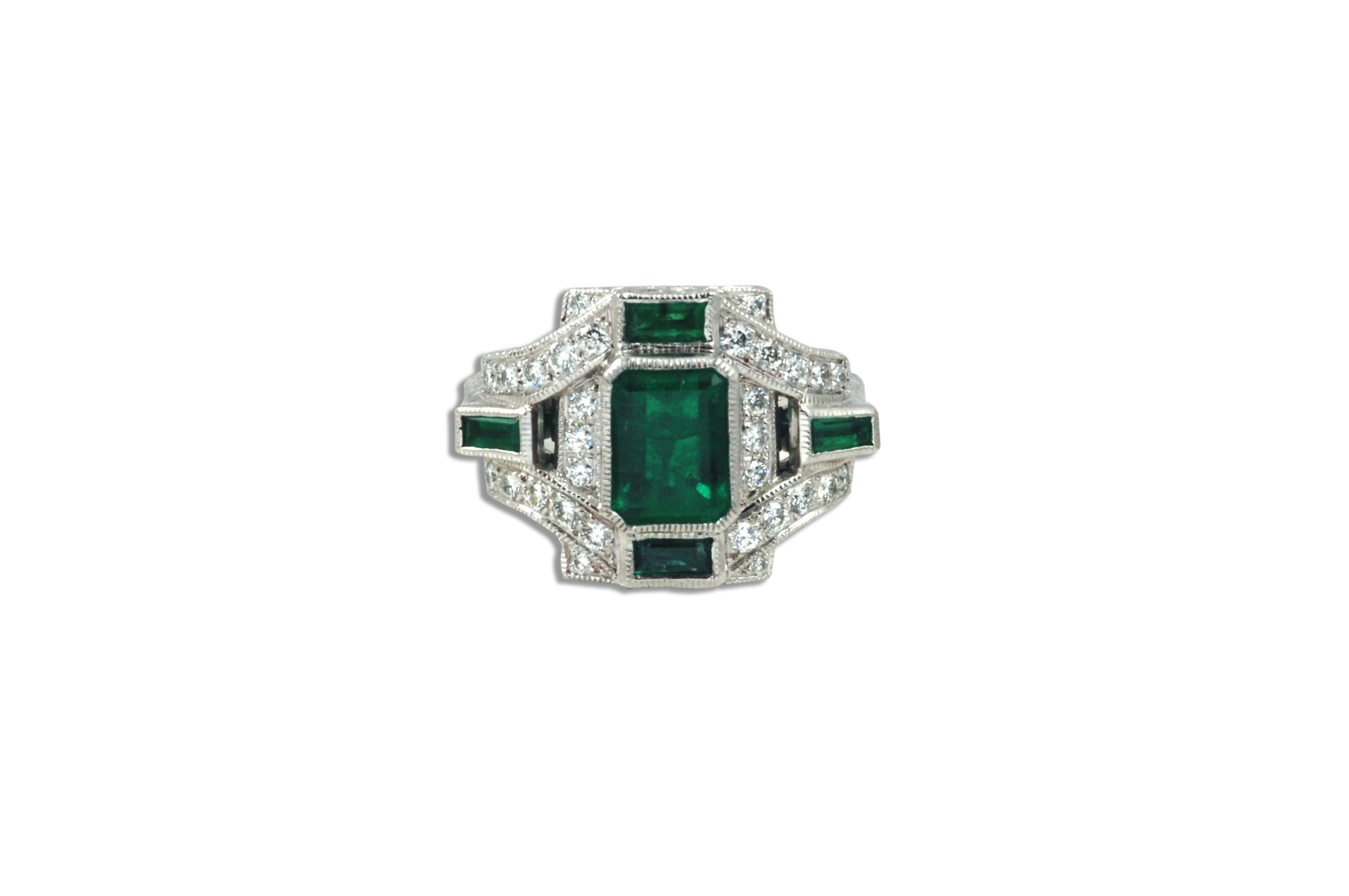 Emerald 1.66 carats, Emerald 0.33 carat with Diamond 0.37 ct Ring in 18 karat White Gold Settings

Width: 2.4 cm
Length: 1.5 cm
Ring Size: 52
Total Weight: 10.06 grams

