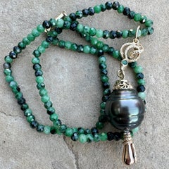 Emerald & Tahitian Pearl "Snaky" Fob on Zoisite Necklace in 10K, 14K & 18K Gold