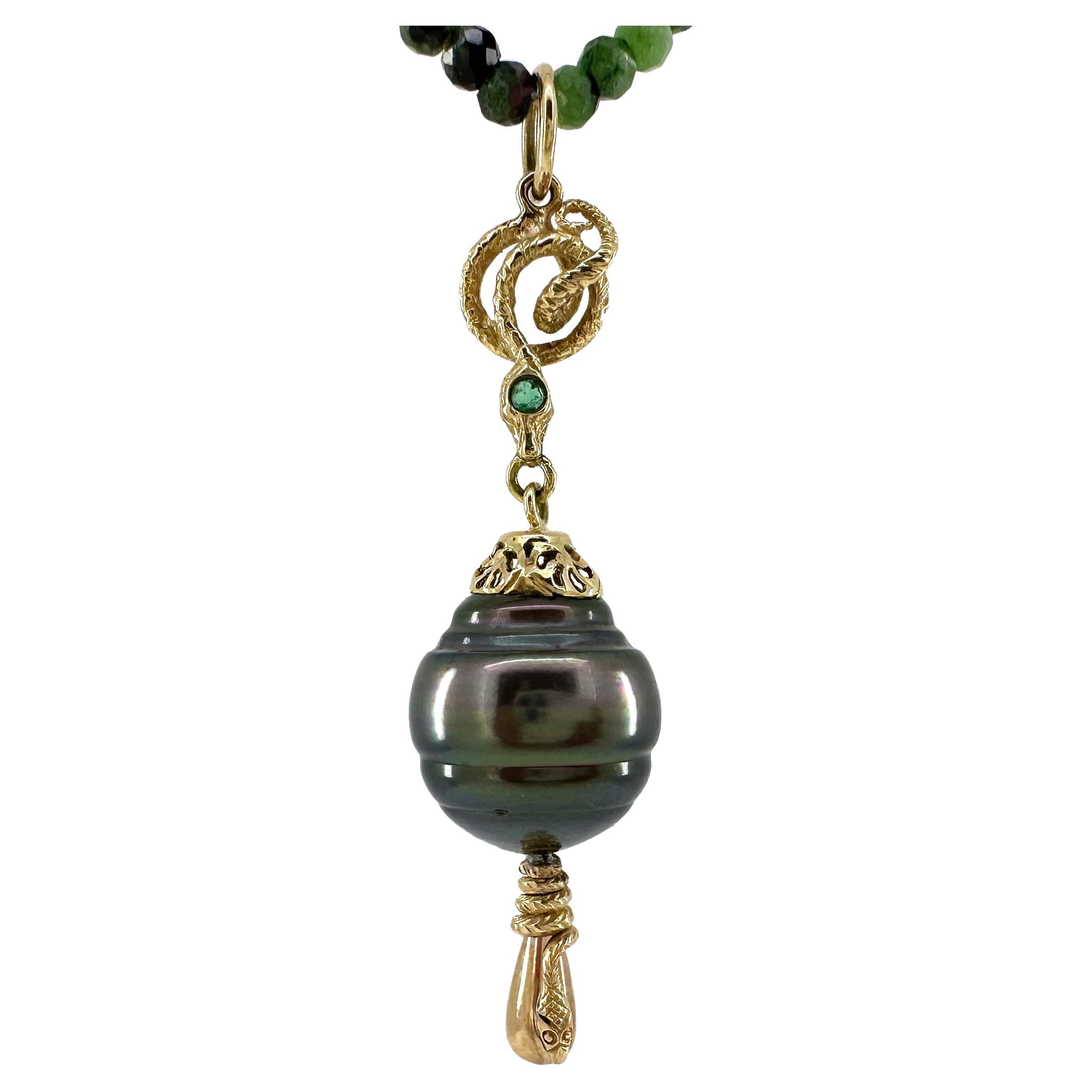 Emerald & Tahitian Pearl "Snaky McSnakums" Fob in Gold on Zoisite Necklace For Sale