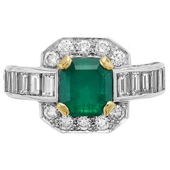 Emerald 1.73 Carat and Diamond Rectangular Cluster Ring in Platinum