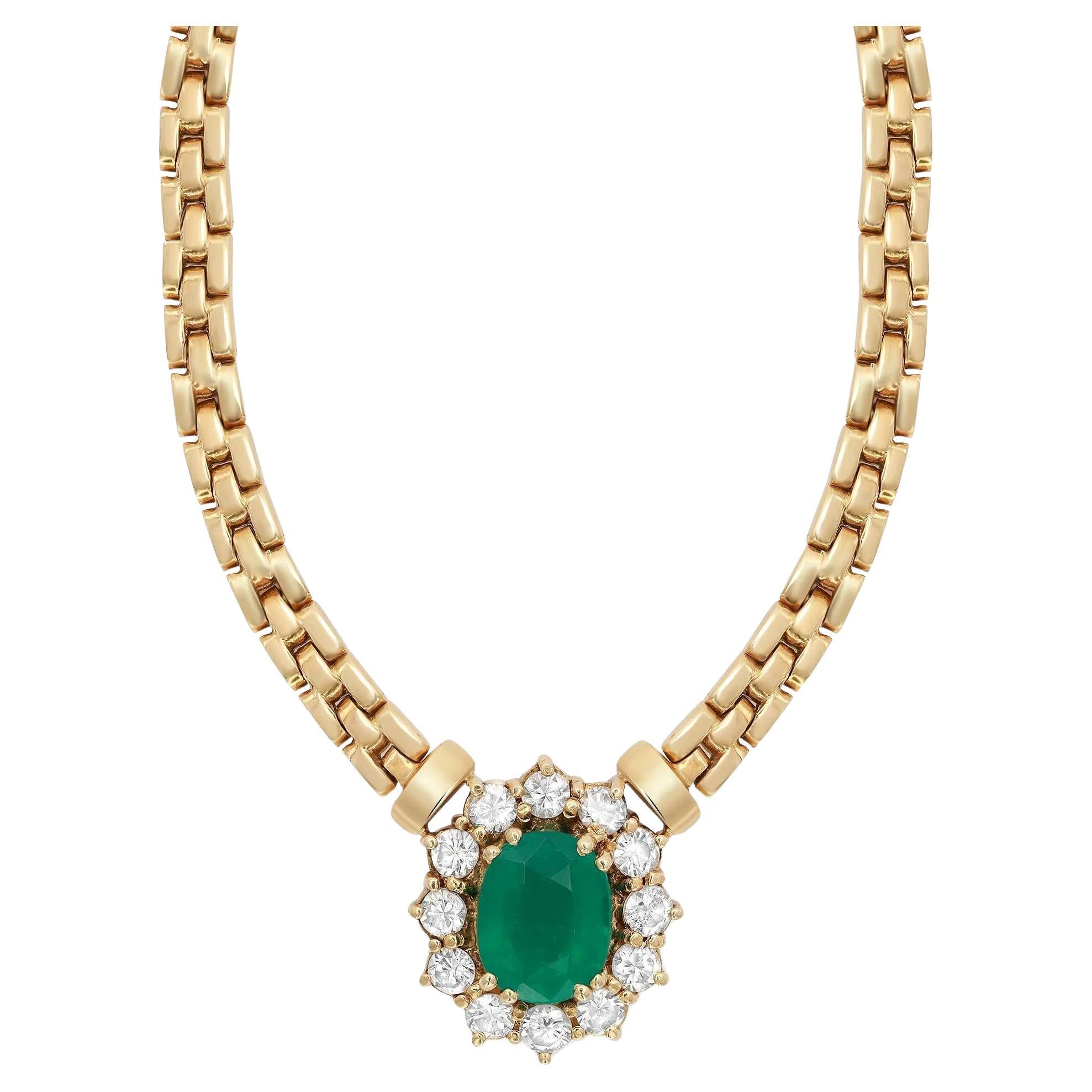 Collier à chaîne plate carrée en or jaune 18 carats avec émeraudes 1,75 carat et diamants 0,85 carat en vente