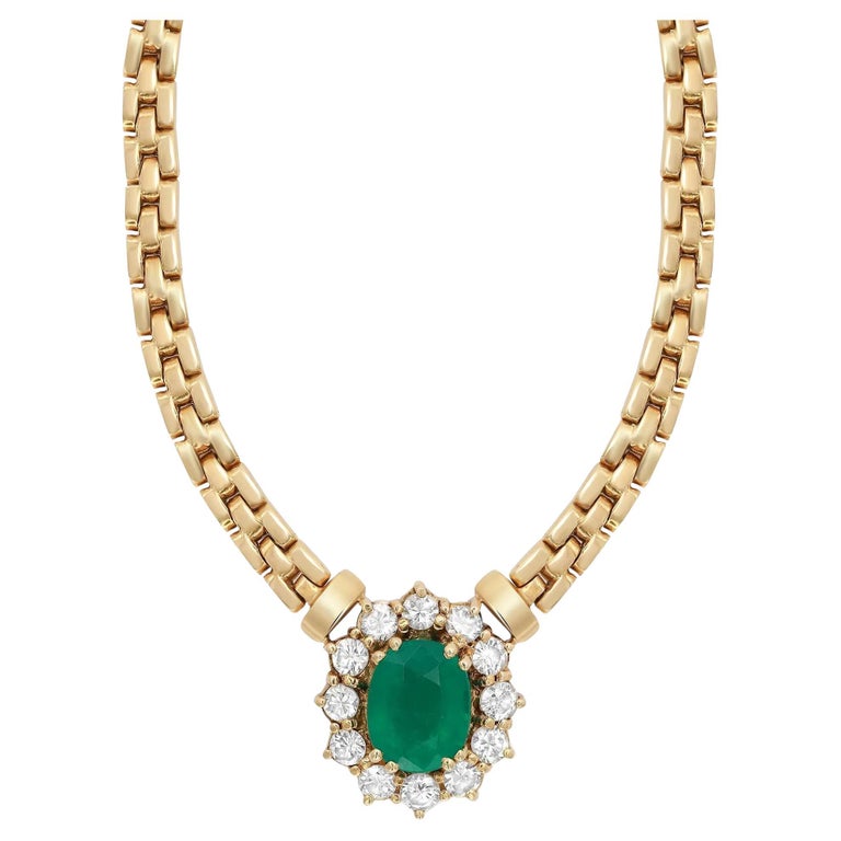 Collier Vintage Or 18k Avec Pendentif émeraude 0,50 Carats Serti Griffe - Occasion