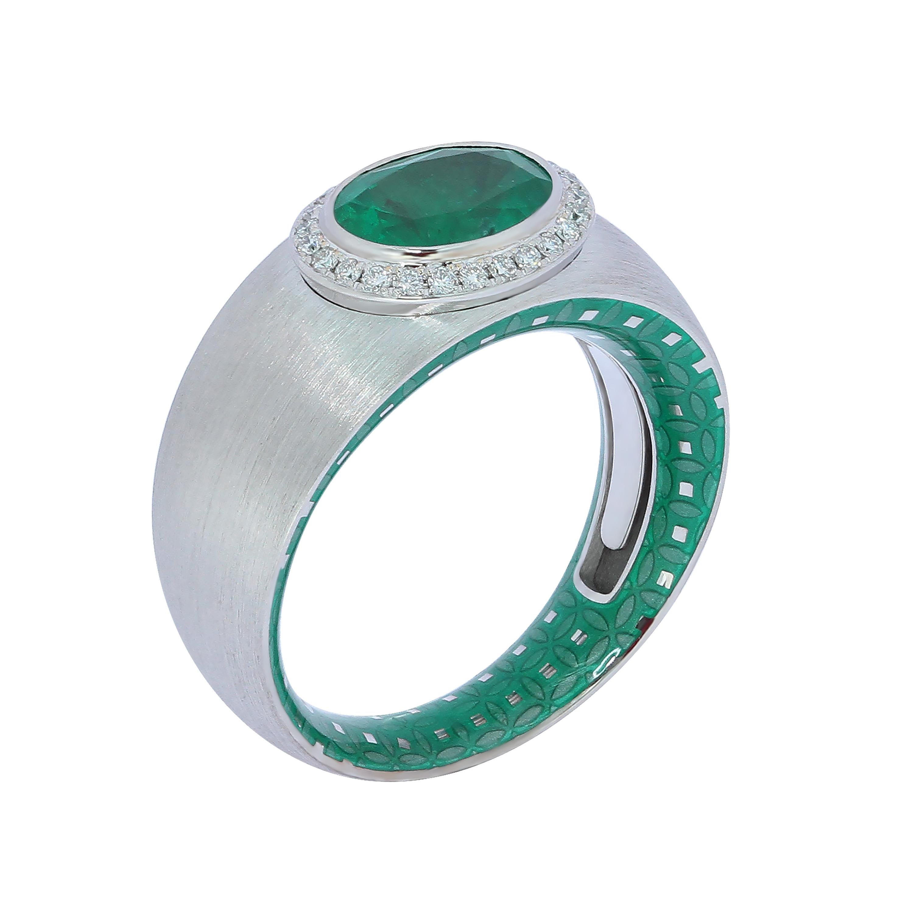 Emerald 1.78 Carat Diamond Enamel 18 Karat White Gold Ring