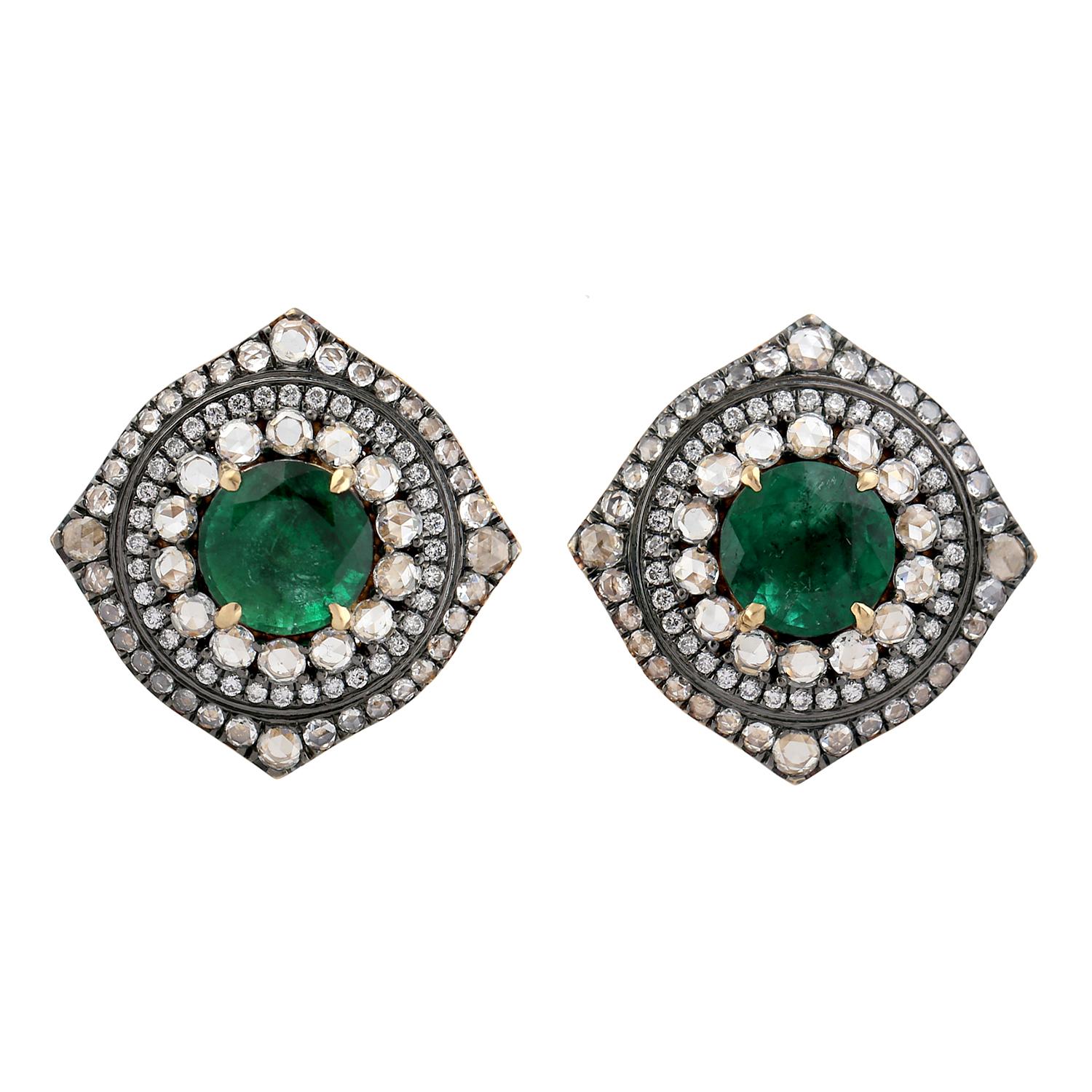Emerald Diamond 18 Karat Gold Vintage Style Stud Earrings For Sale